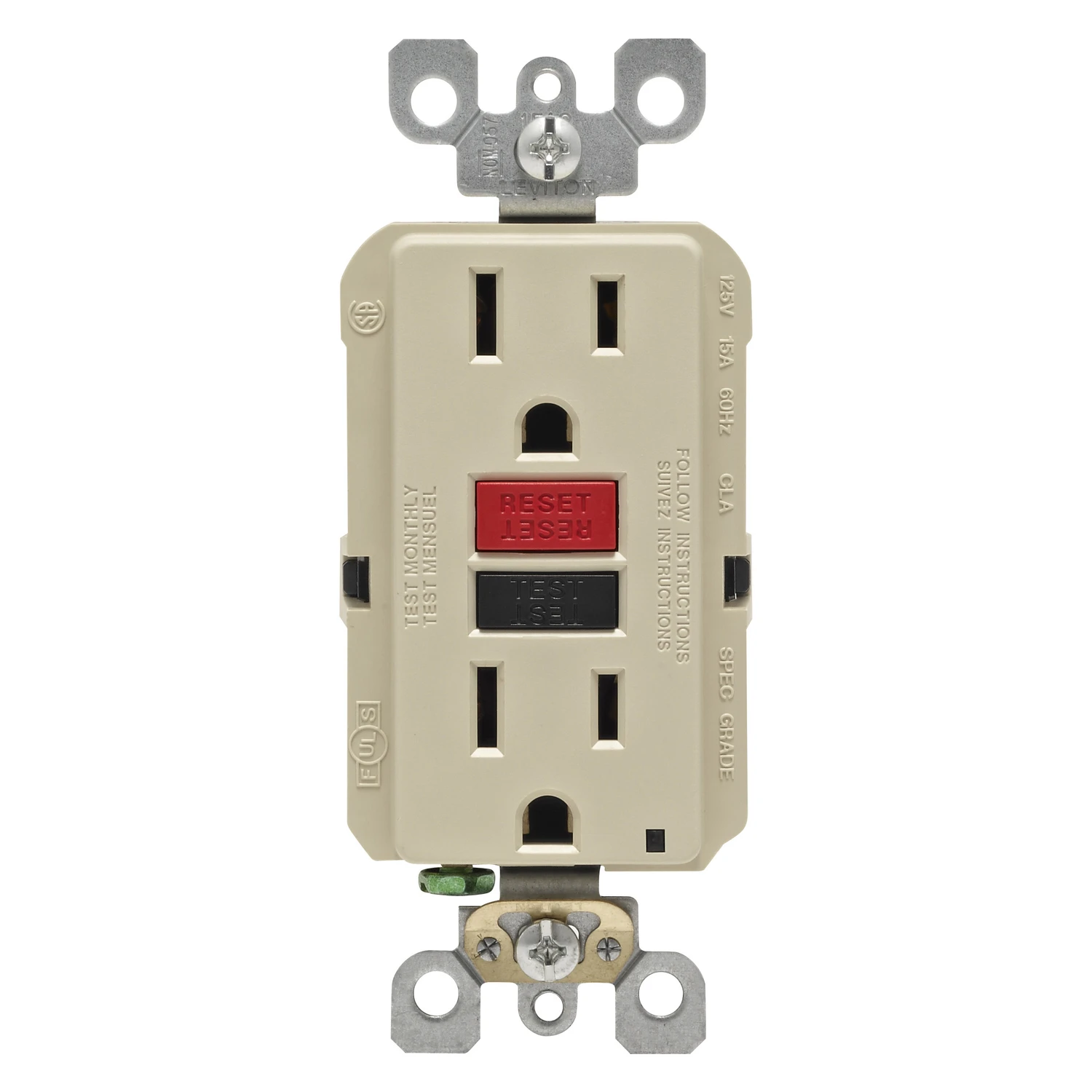 Leviton R71-GFNT1-0RI GFCI Duplex Receptacle, Polycarbonate, Ivory, 2-Pole, 15 A, 125 V, 3-Wire