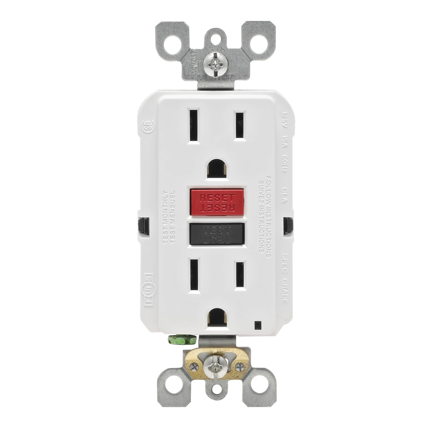 Leviton R72-GFNT1-0RW GFCI Duplex Receptacle, Polycarbonate, White, 2-Pole, 15 A, 125 V, 3-Wire