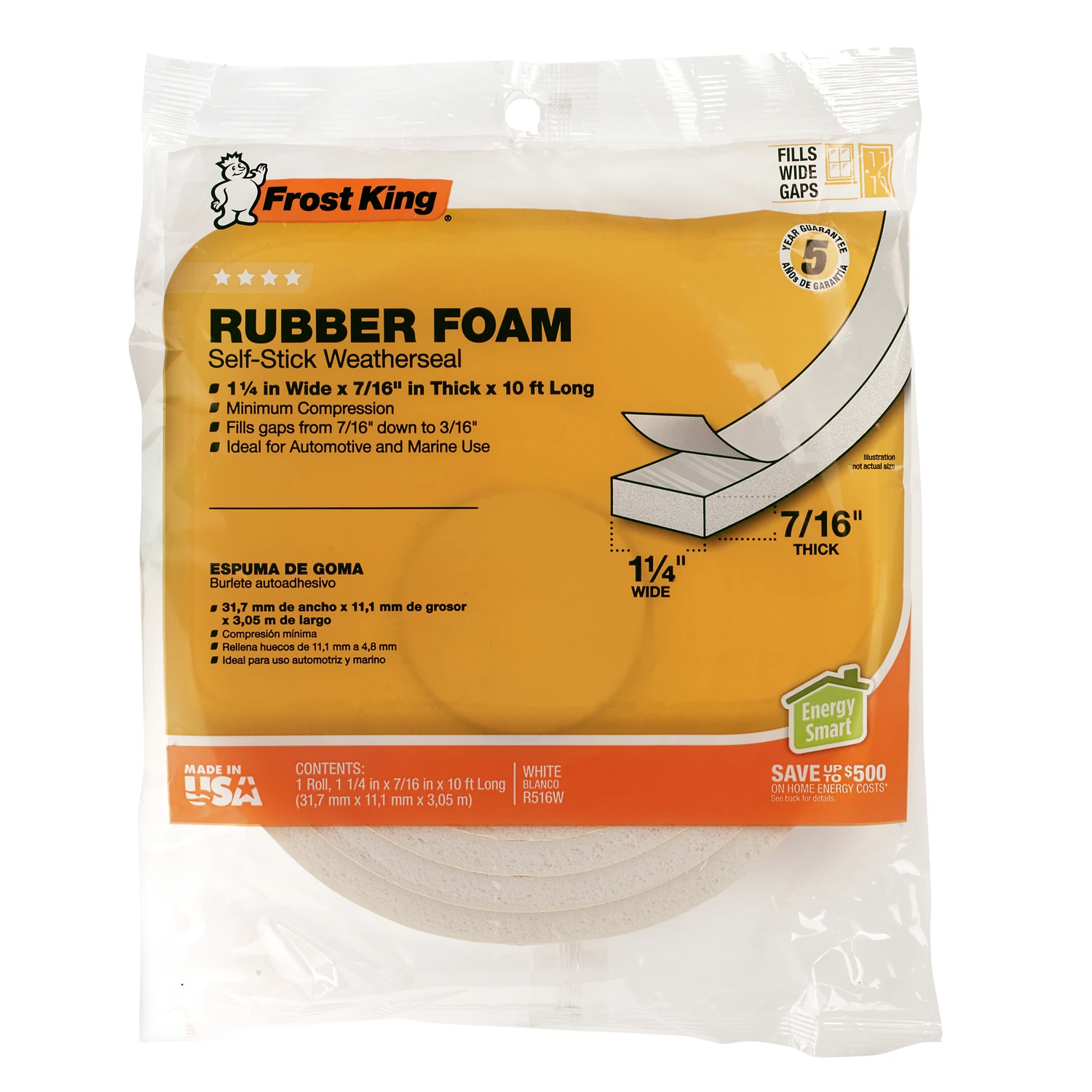 Rubber Foam Weatherseal Tape, 1-1/4W x 7/16 In. T x 10 Ft.