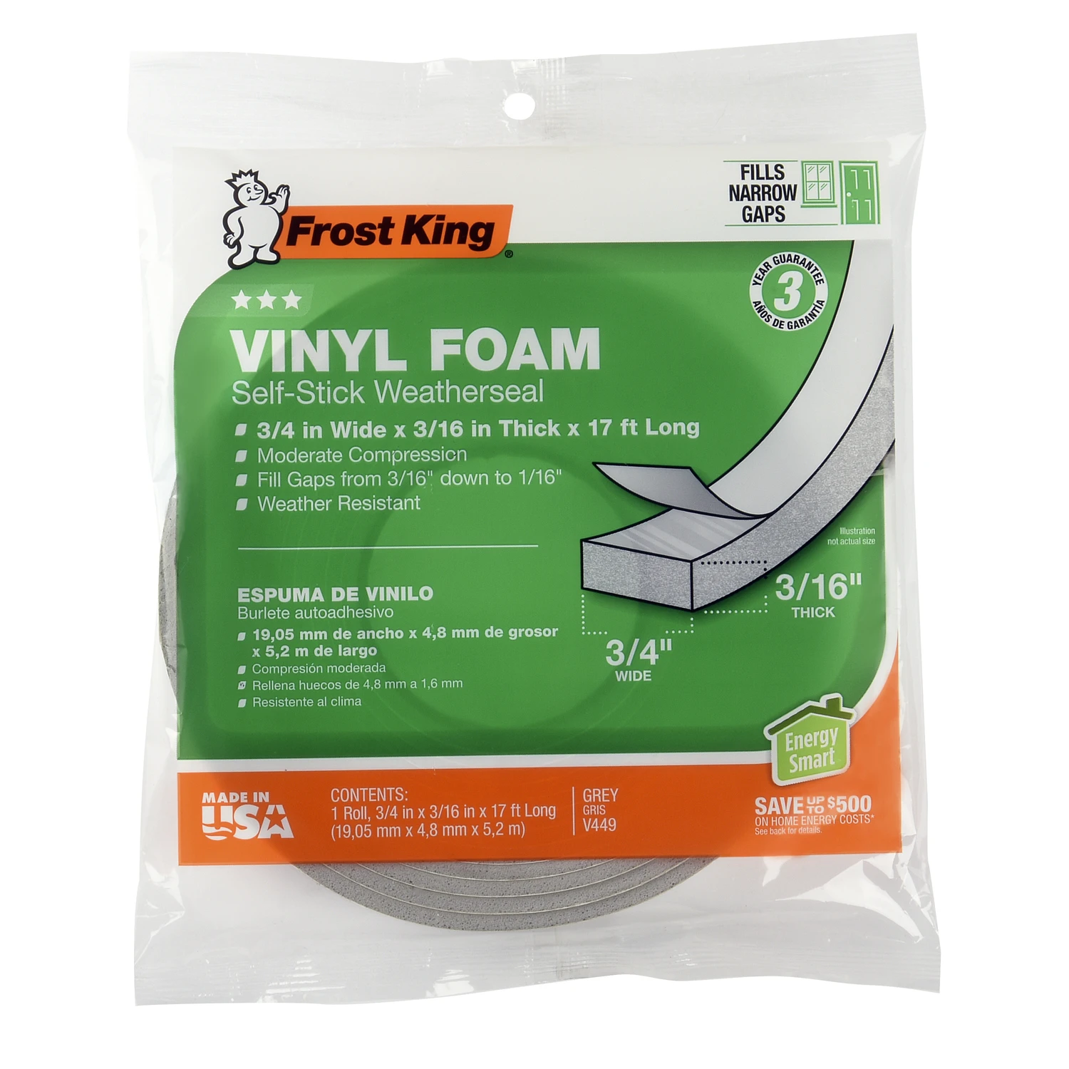 Vinyl Foam Weatherstrip Tape, 3/4W x 3/16 In. T x 17 Ft.