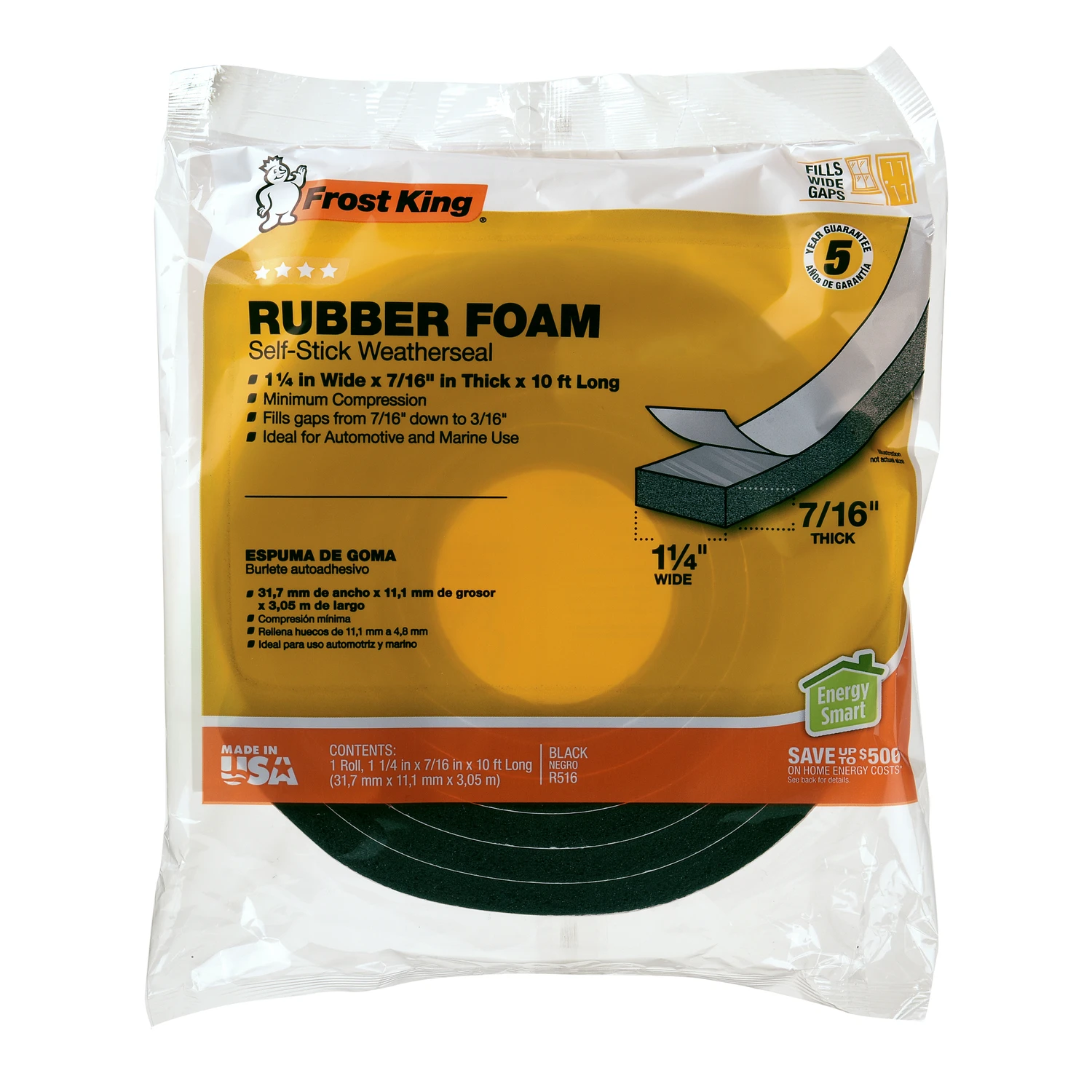 Rubber Foam Weatherseal Tape, 1-1/4W x 7/16 In. T x 10 Ft.