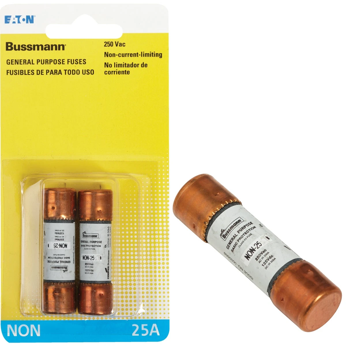 Bussmann NON Series BP/NON-25 Fuse, 25 A, 250 VAC, 125 VDC, 50 kA Interrupt, Melamine Body, K5, Cartridge Fuse