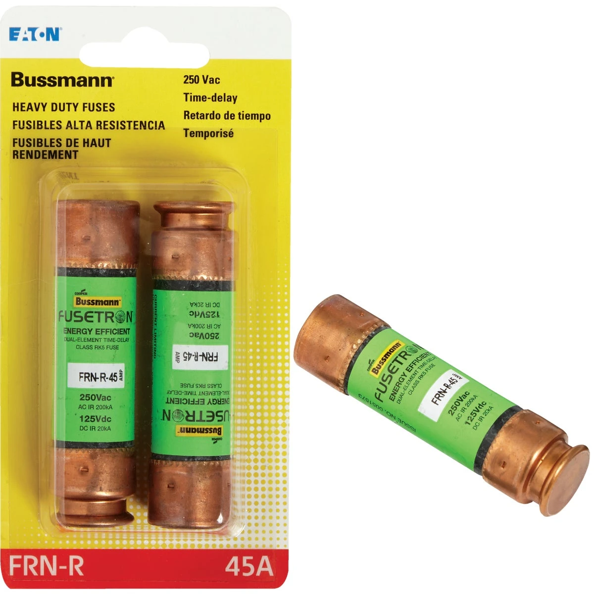 Bussmann FRN-R Series BP/FRN-R-45 Fuse, 45 A, 250 VAC, 125 VDC, 20, 200 kA Interrupt, Fiberglass Body, RK5