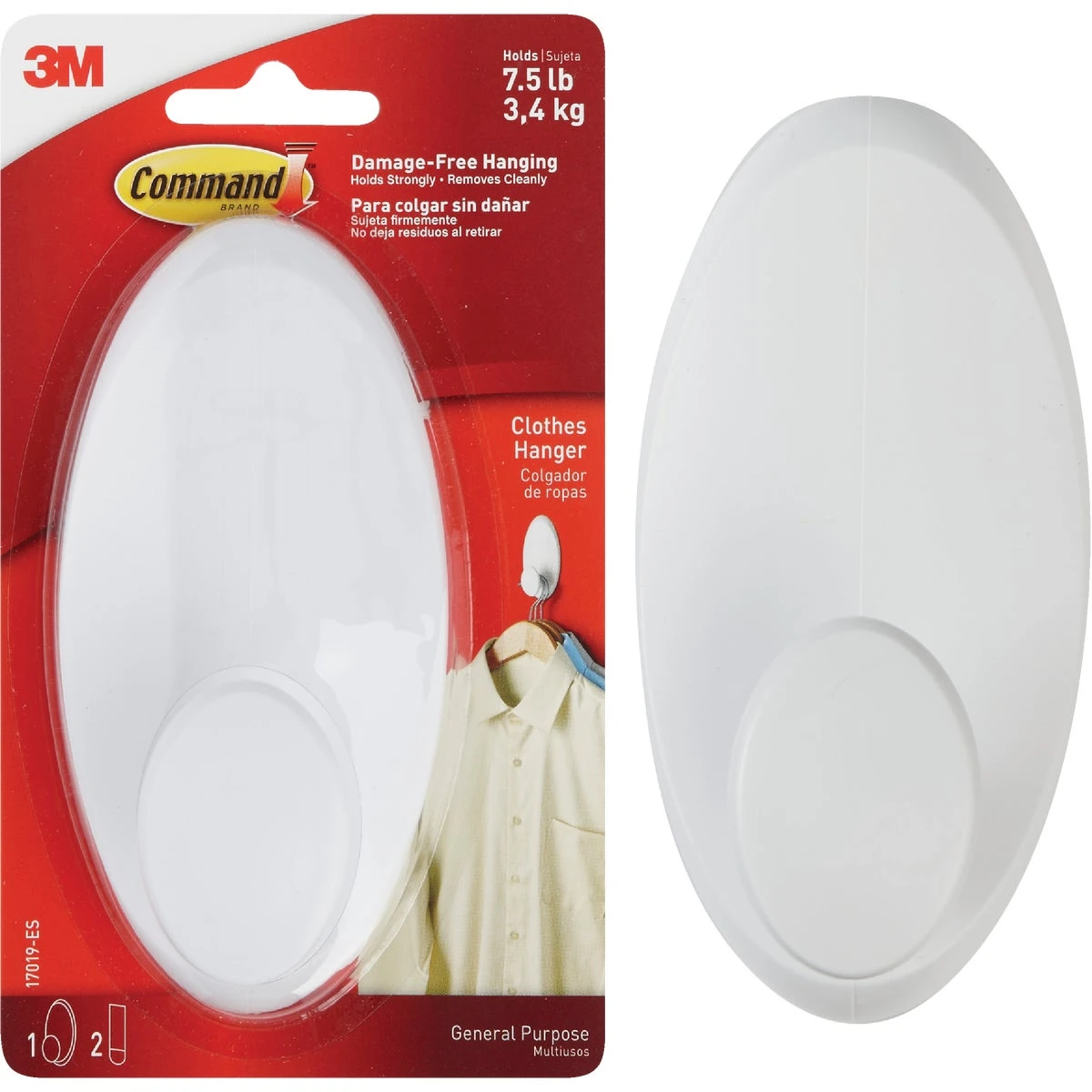 Command 17019-ES Large Clothes Hanger Hook, 7.5 lb, 1-Hook, Plastic, White