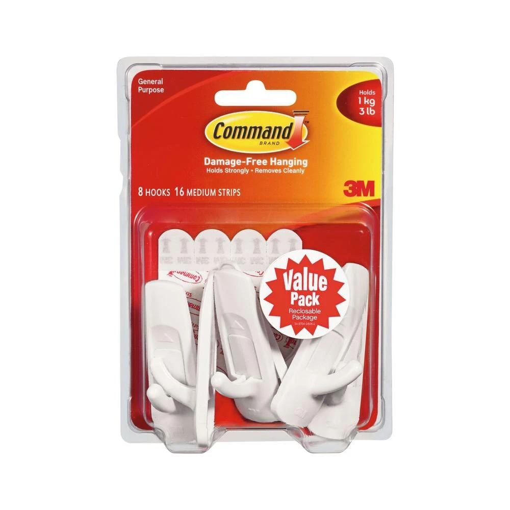 Medium White Utility Hook Value Pack (8 Hooks, 16 Strips)