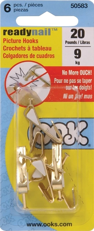OOK 50583 Picture Hanger, 20 lb, Steel, Brass, Gold, 6/PK