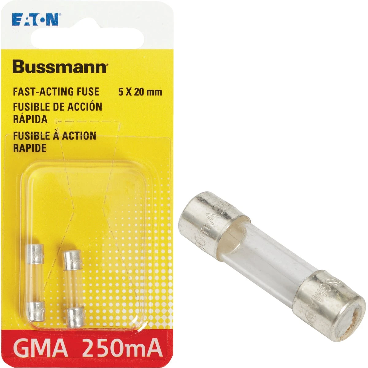 Bussmann BP/GMA-250MA Fuse, 250 mA, 125/250 V, 35 A, 10 kA Interrupt, Glass Body, E, Fast Acting Fuse