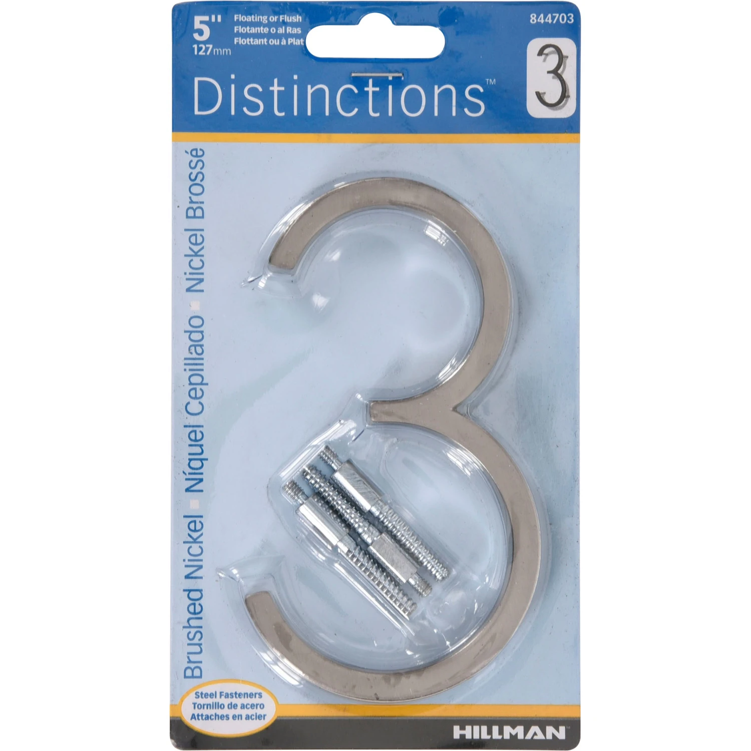 Distinctions House Address Number 3, Flush or Floating Mount, Brushed Nickel, 5-In.