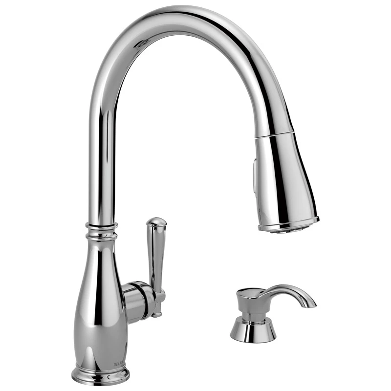 Charmaine Single Handle, High Arc Kitchen Faucet, Pull-Down Spray, ShieldSpray Technology, Soap Dispenser, Chrome