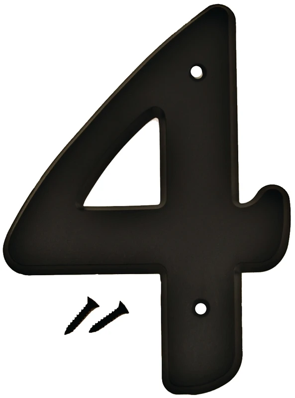 House Address Number 4, Black Plastic, Screw-In., 6-In.