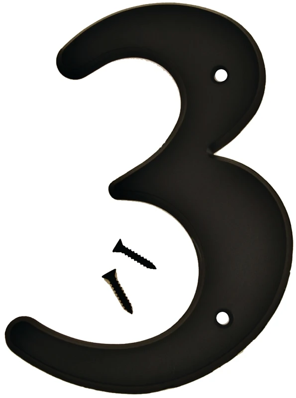 House Address Number 3, Black Plastic, Screw-In., 6-In.