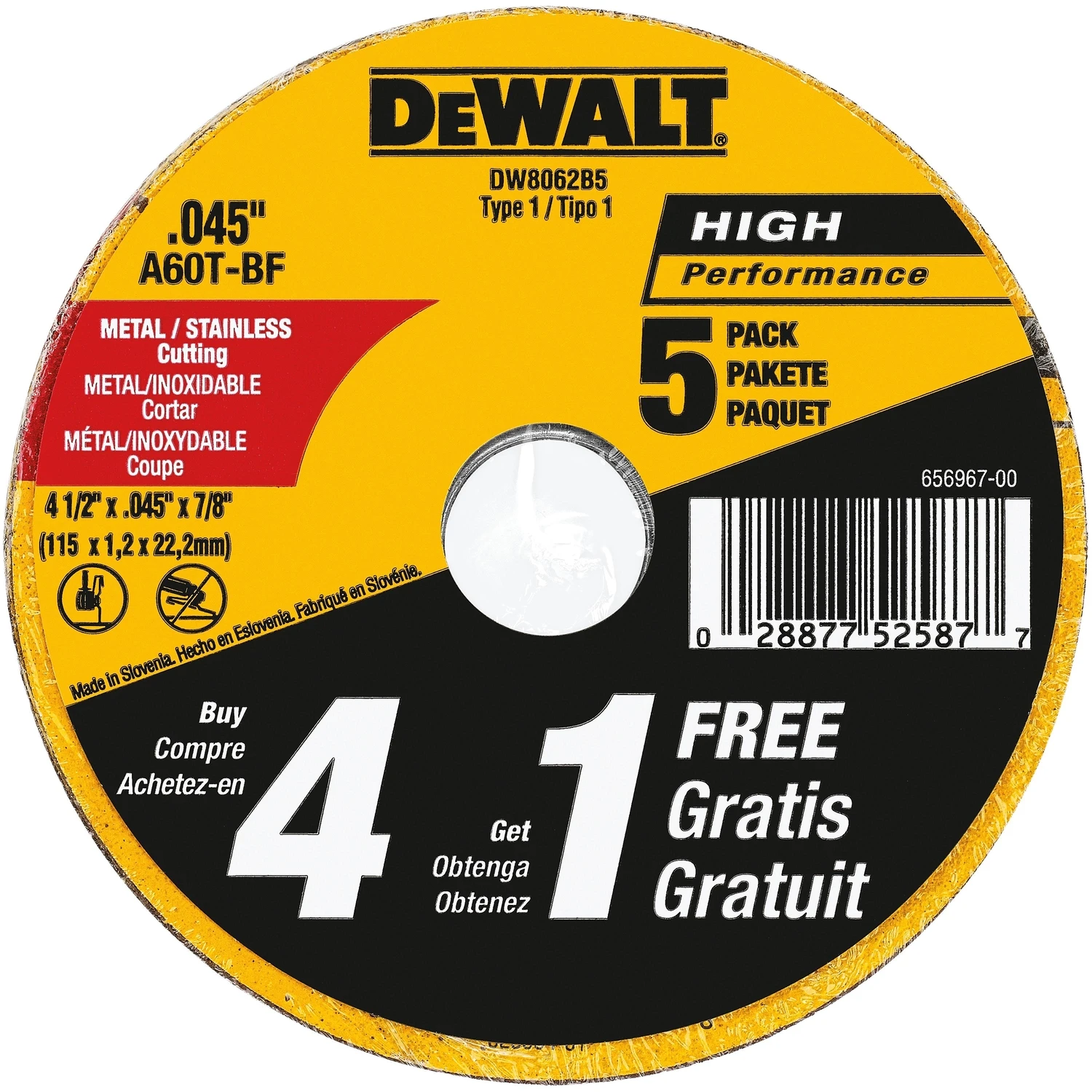 DEWALT DW8062B5 Cutting Wheel, 4-1/2 in Dia, 0.045 in Thick, 7/8 in Arbor, 60 Grit, Aluminum Oxide Abrasive