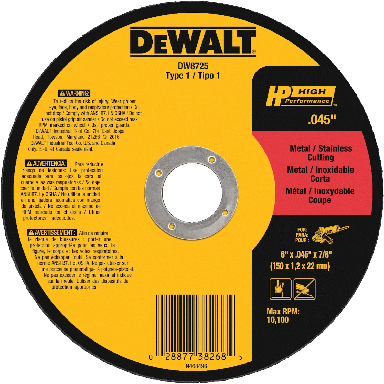 Metal/Stainless Cutting Wheel, 7/8 x .040 x 6 In.