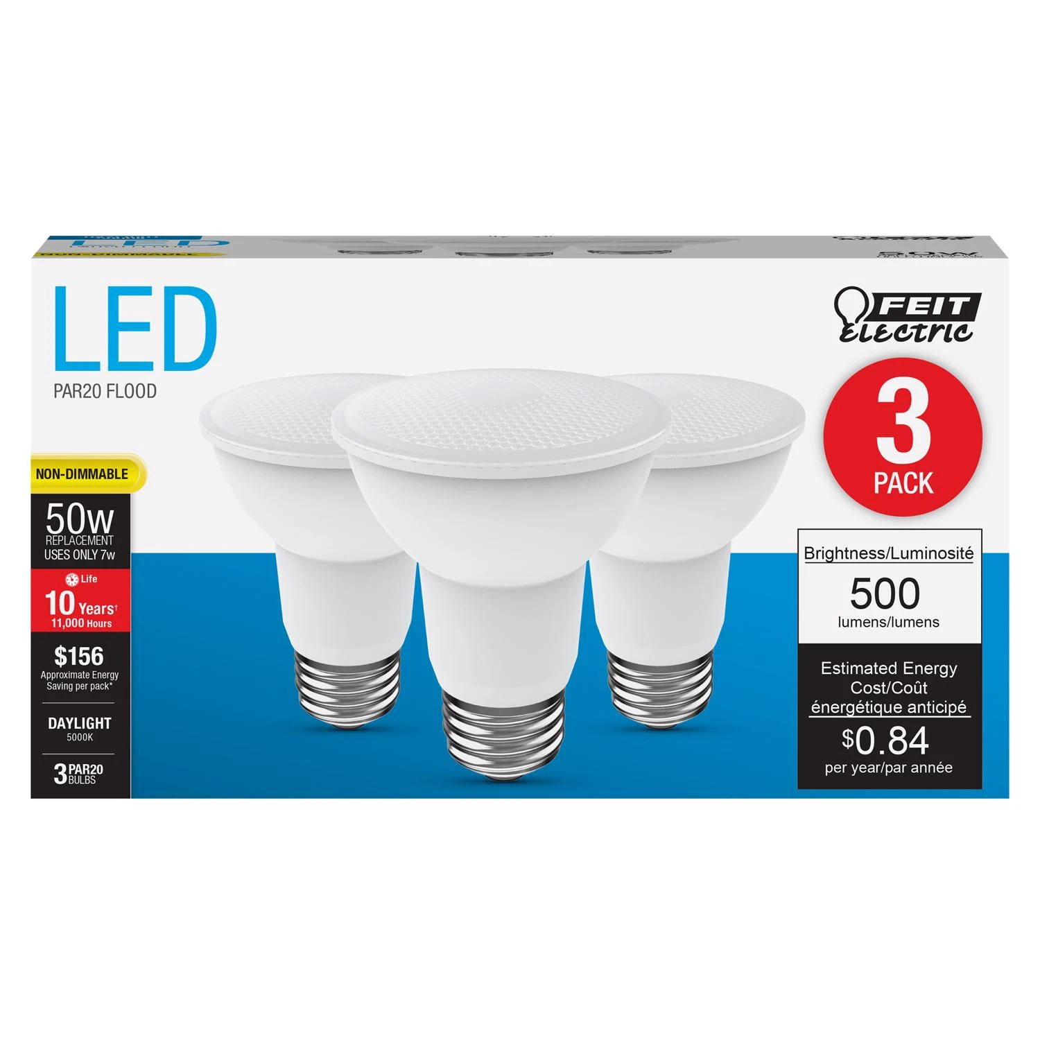 Par20 E26 Led Bulb Daylight 50w Equivalent 3 Pk, 500 Lumens, 7w