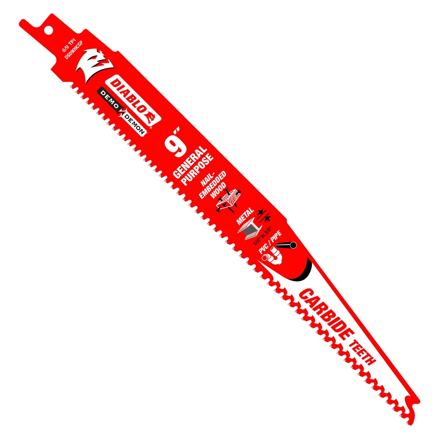 Diablo Demo Demon DS0909CGP10 Reciprocating Saw Blade, 1 in W, 9 in L, 6, 9 TPI, Carbide Cutting Edge