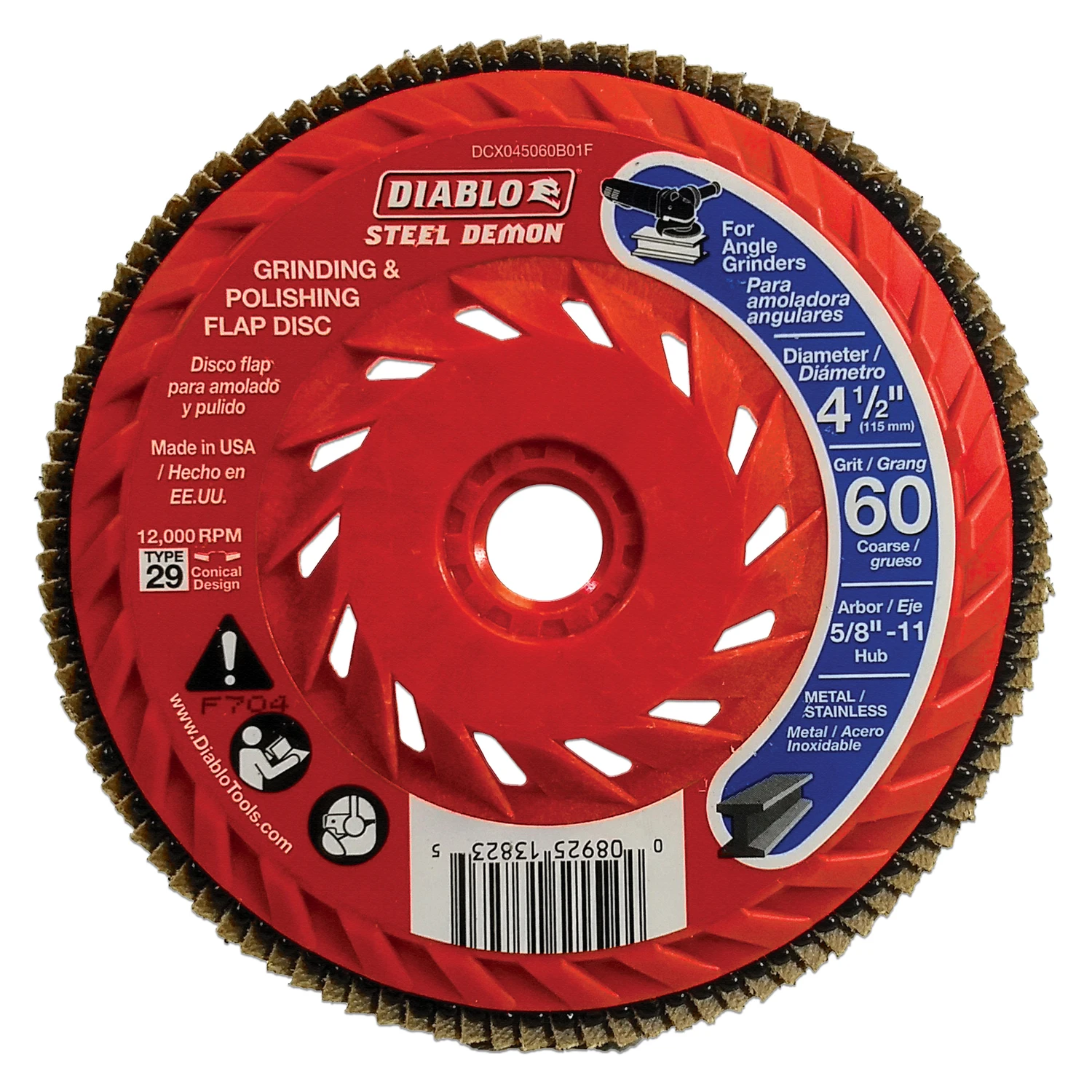 Diablo Steel Demon DCX045060B01F Flap Disc, 4-1/2 in Dia, 5/8-11 Arbor, 60 Grit, Coarse, Zirconium Abrasive