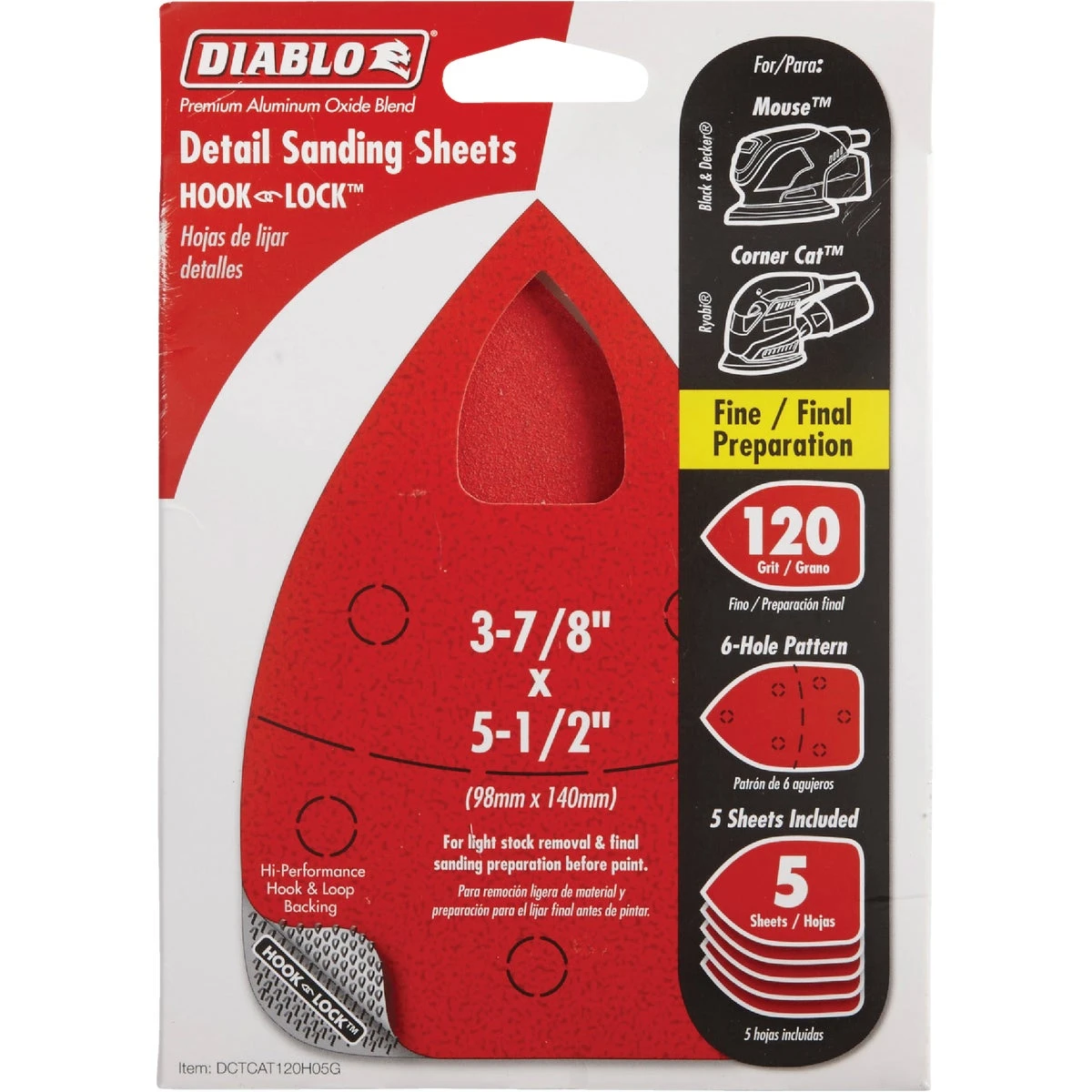 Diablo DCTCAT120H05G Sanding Sheet, 3-7/8 in W, 5-1/2 in L, 120 Grit, Medium, Aluminum Oxide Abrasive