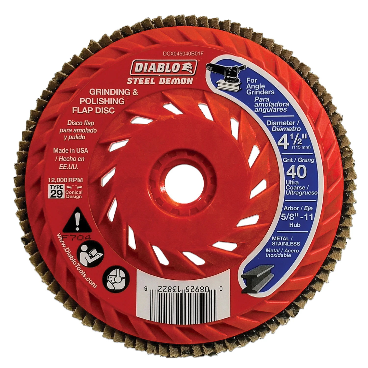 Diablo Steel Demon DCX045040B01F Flap Disc, 4-1/2 in Dia, 5/8-11 Arbor, 40 Grit, Ultra Coarse, Zirconium Abrasive Diablo Steel Demon DCX045040B01F Flap Disc, 4-1/2 in Dia, 5/8-11 Arbor, 40 Grit, Ultra Coarse, Zirconium Abrasive