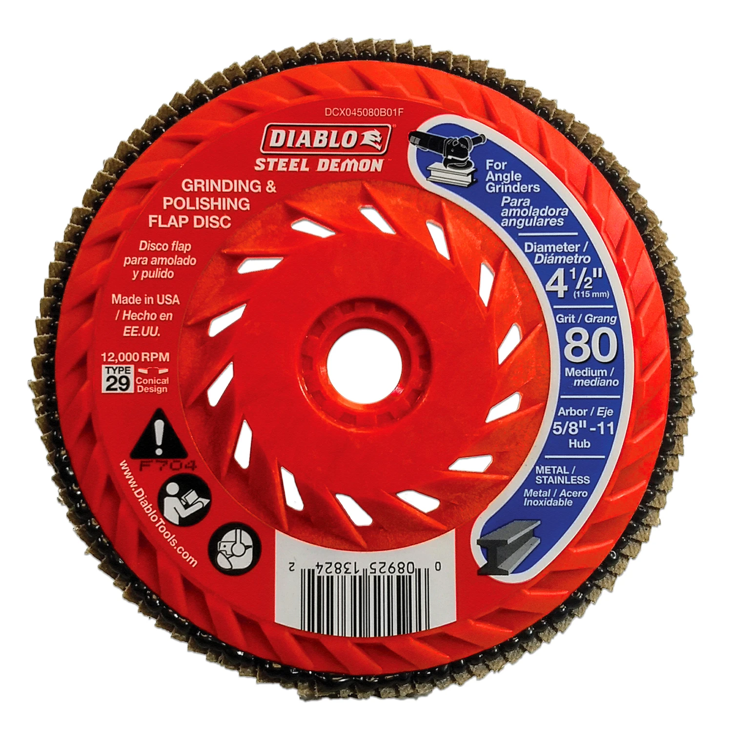 Diablo Steel Demon DCX045080B01F Flap Disc, 4-1/2 in Dia, 5/8-11 Arbor, 80 Grit, Medium, Zirconium Abrasive