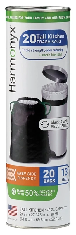 Harmonyx 13090020 Kitchen Trash Bags, 13 gal Capacity, Plastic, Black/White