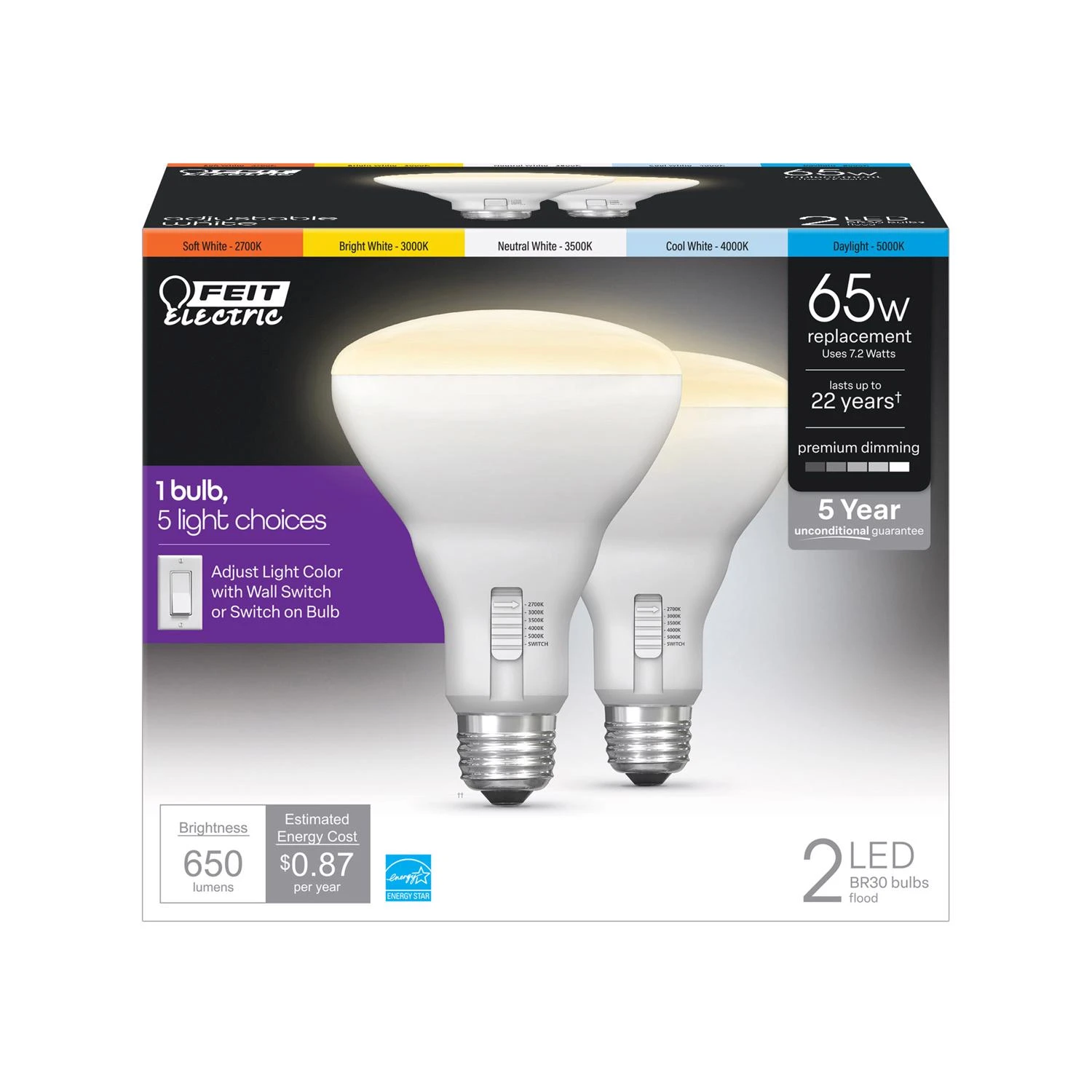 Electric Br30 E26 Led Bulb Tunable White/color Changing 65w Equivalence 2 Pk