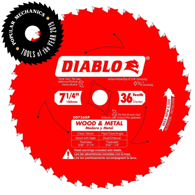 Diablo D0736GPA Circular Saw Blade, 7-1/4 in Dia, 5/8 in Arbor, 36-Teeth, Carbide Cutting Edge