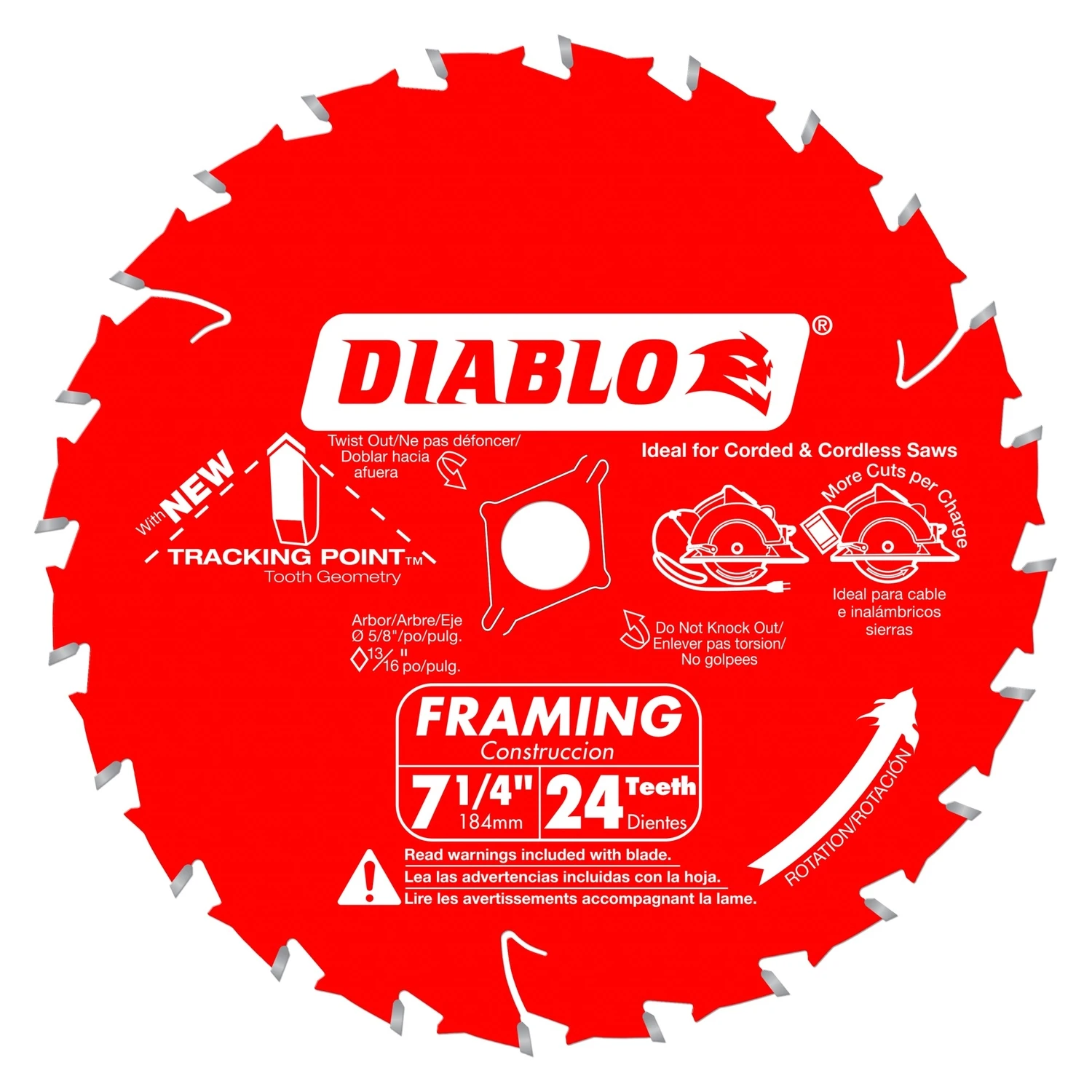 Diablo D0724X3 Saw Blade, 7-1/4 in Dia, 5/8 in Arbor, 24-Teeth, Carbide Cutting Edge