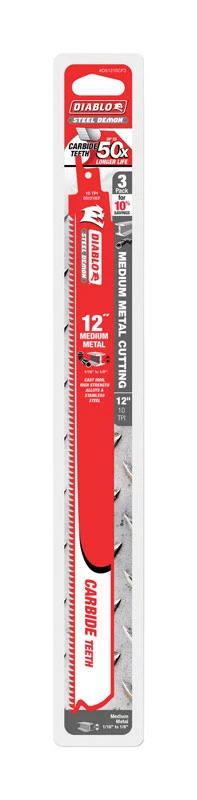 Diablo DS1210CF3 Reciprocating Saw Blade, 1 in W, 12 in L, 10 TPI, Carbide Cutting Edge