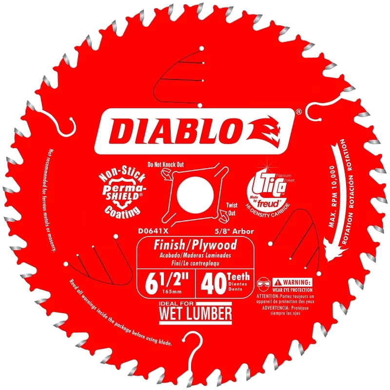 Diablo D0641A Circular Saw Blade, 6-1/2 in Dia, 5/8 in Arbor, 40-Teeth, Carbide Cutting Edge