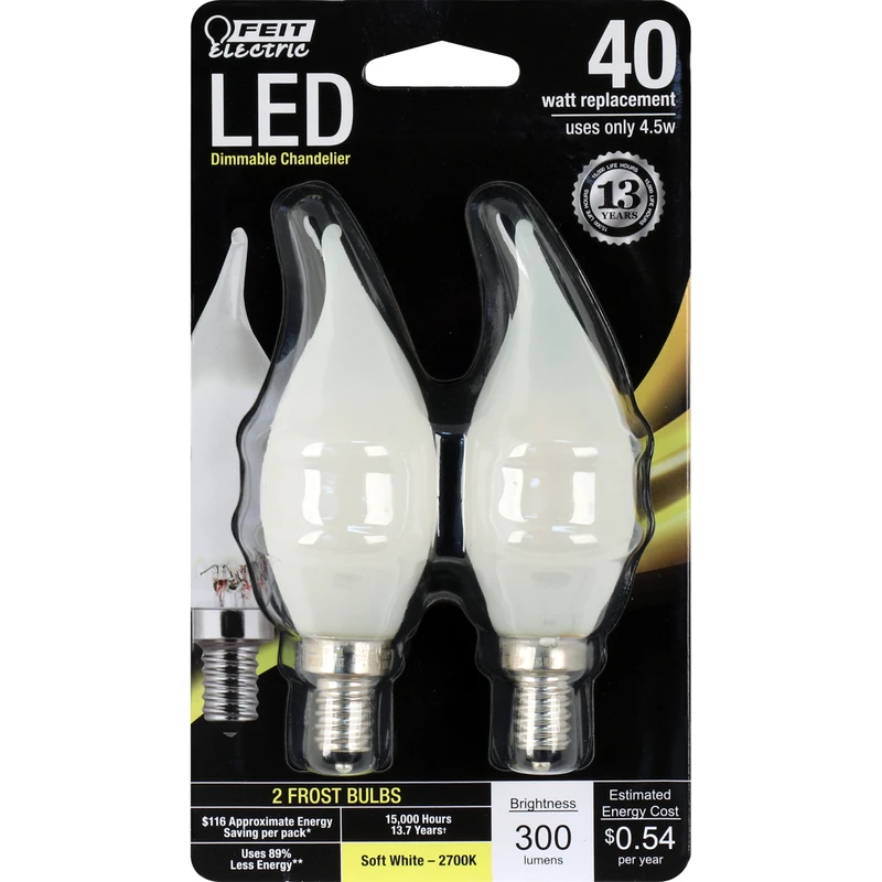 LED Chandelier Light Bulbs, Flame Tip, Soft White, 300 Lumens, 4.5-Watts, 2-Pk.