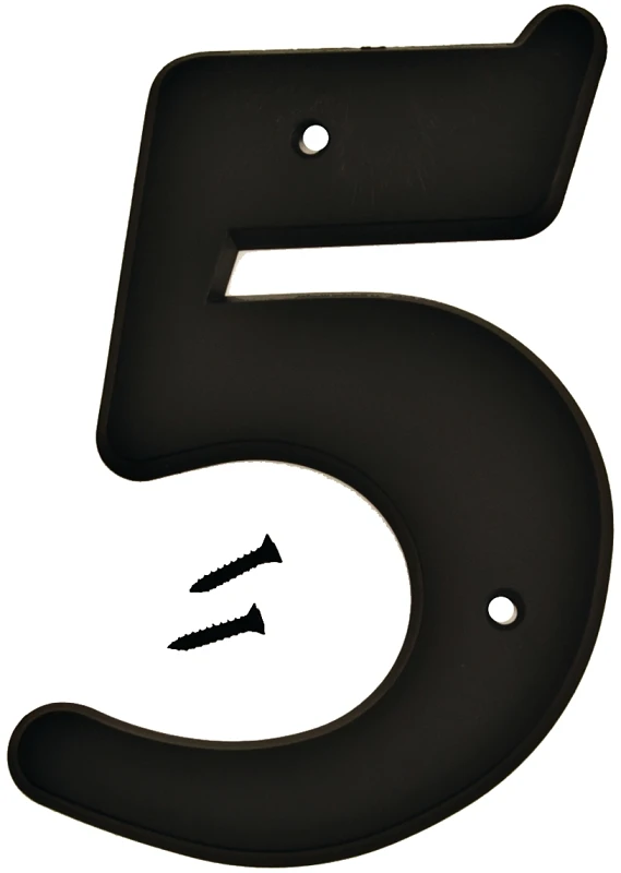 House Address Number 5, Black Plastic, Screw-In., 6-In.