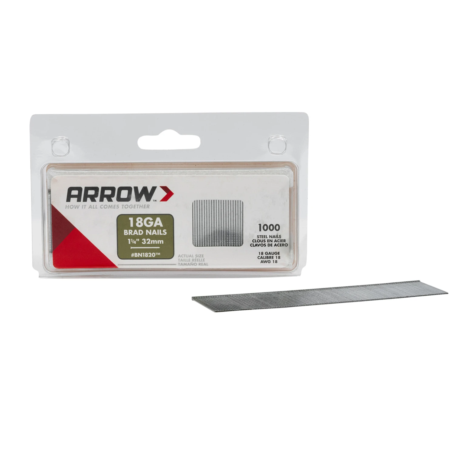 Arrow BN1820CS Brad Nail, 1-1/4 in L, Steel, Natural, Smooth Shank