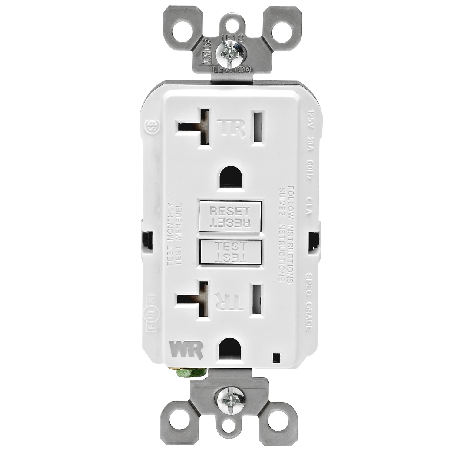 Leviton R92-GFWT2-0KW GFCI Duplex Receptacle, Thermoplastic, White, 2-Pole, 20 A, 125 V, Back, Side Wiring