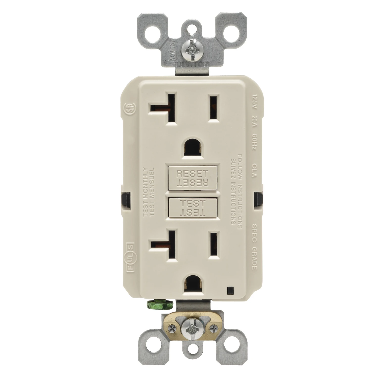 Leviton R96-GFNT2-0KT GFCI Duplex Receptacle, 2 -Pole, 20 A, 125 V, Back, Side Wiring, NEMA: 5-15R, Light Almond