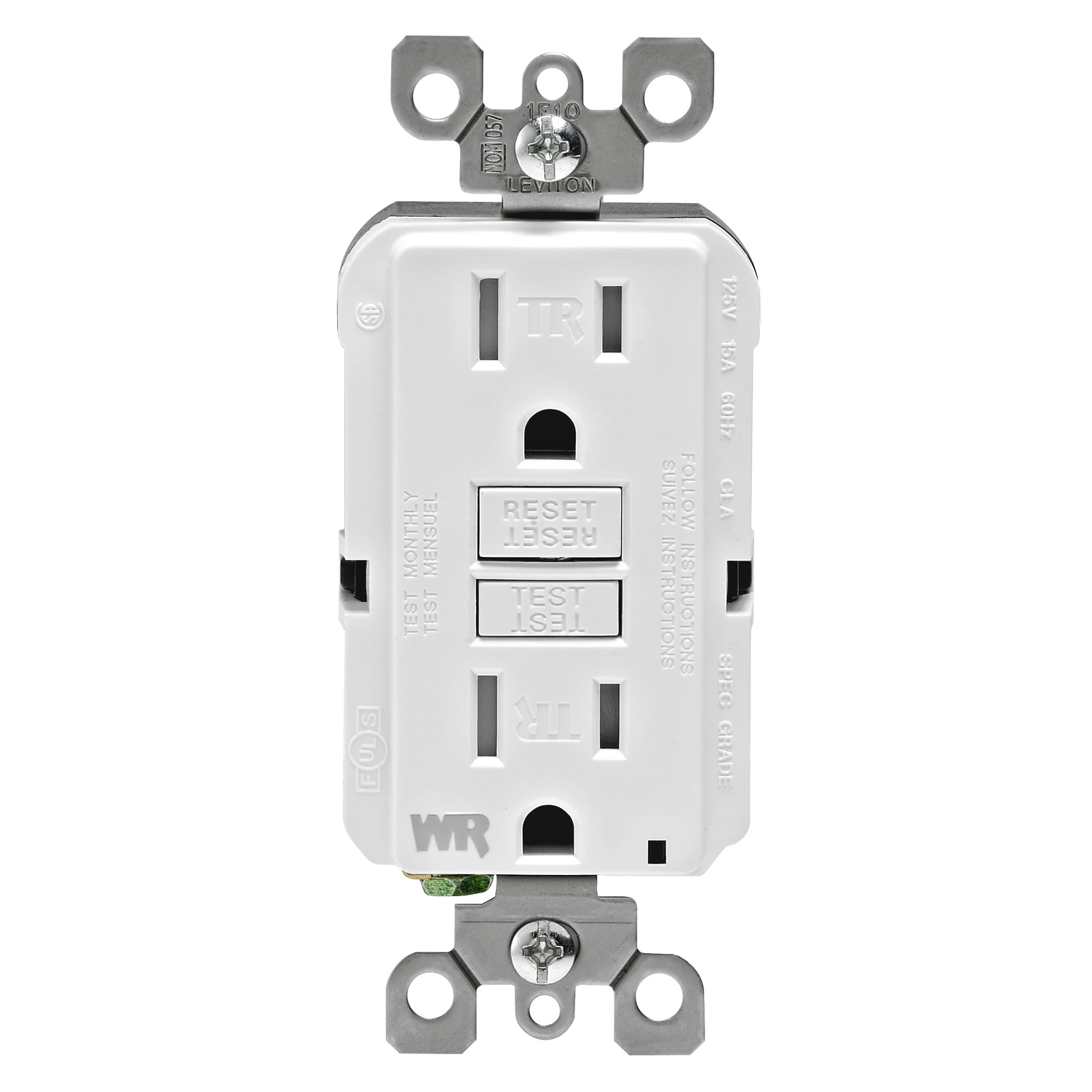 Leviton R92-GFWT1-0KW GFCI Duplex Receptacle, Polycarbonate, White, 2-Pole, 3-Wire, 125 V, Back, Side Wiring