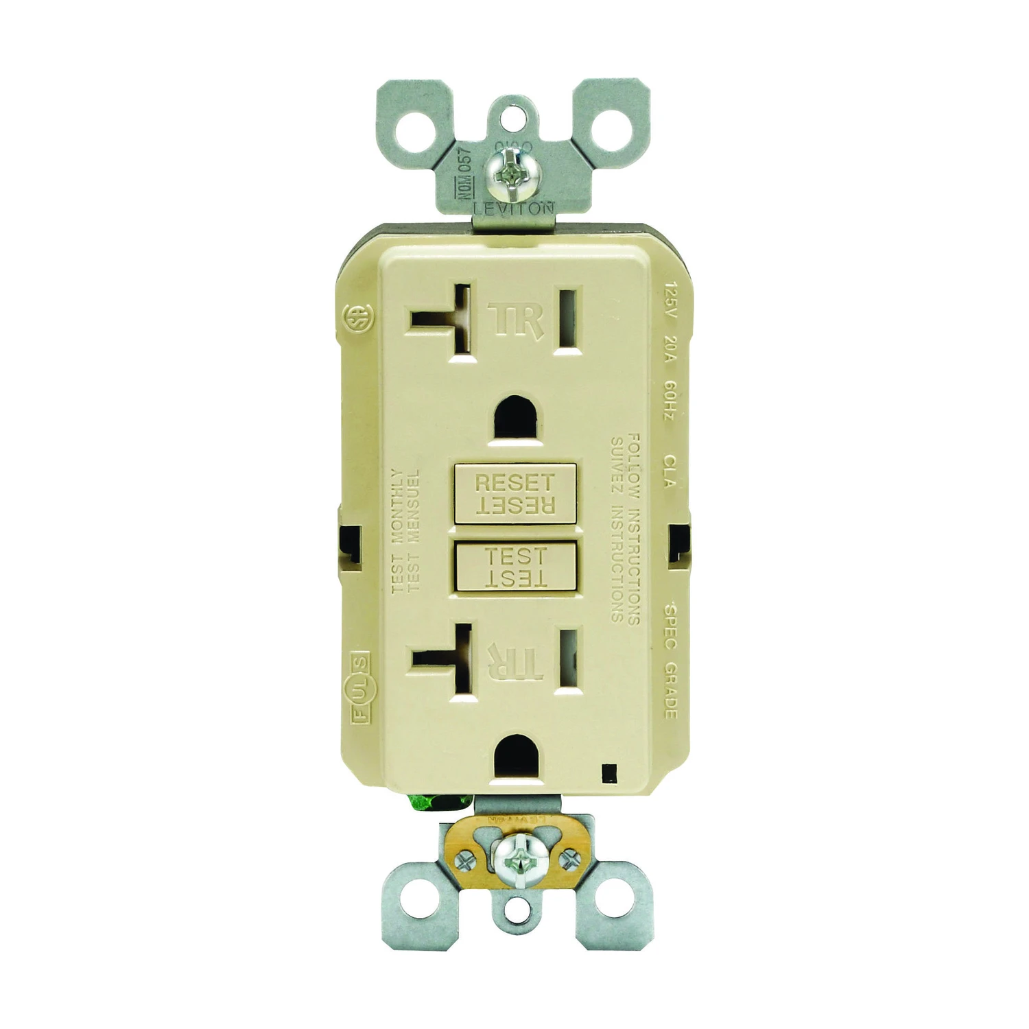 Leviton R91-GFTR2-0KI GFCI Duplex Receptacle, Thermoplastic, Ivory, 2-Pole, 20 A, 125 V, Back, Side Wiring