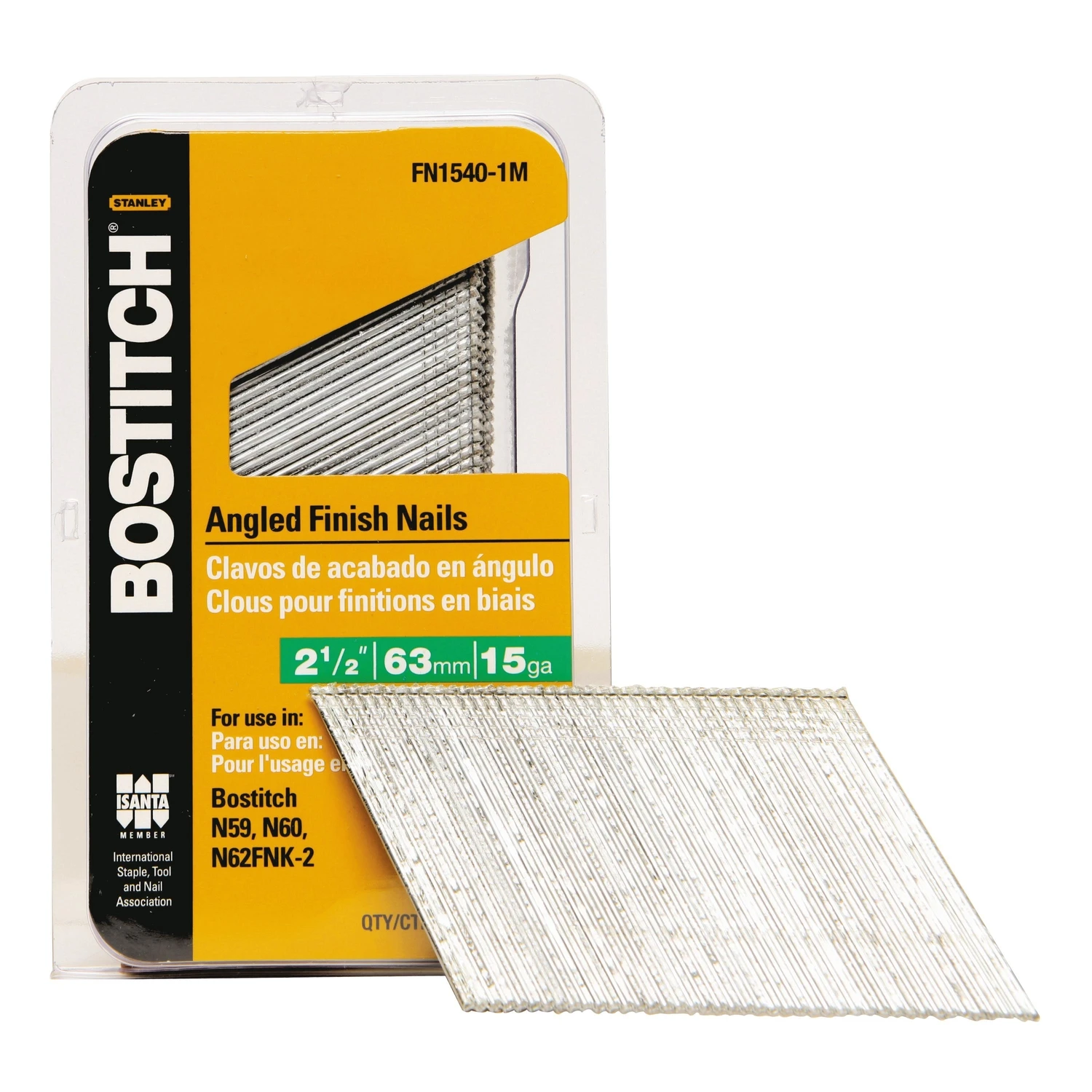 Bostitch FN1540-1M Finish Nail, 2-1/2 in L, 15 ga Gauge, Steel, Bright, Flat Head, Smooth Shank