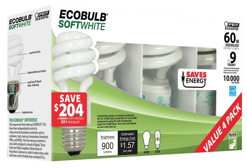 Ecobulb 13w A19 Cfl Bulb Soft White 2700k 825 Lumens 4 Pk