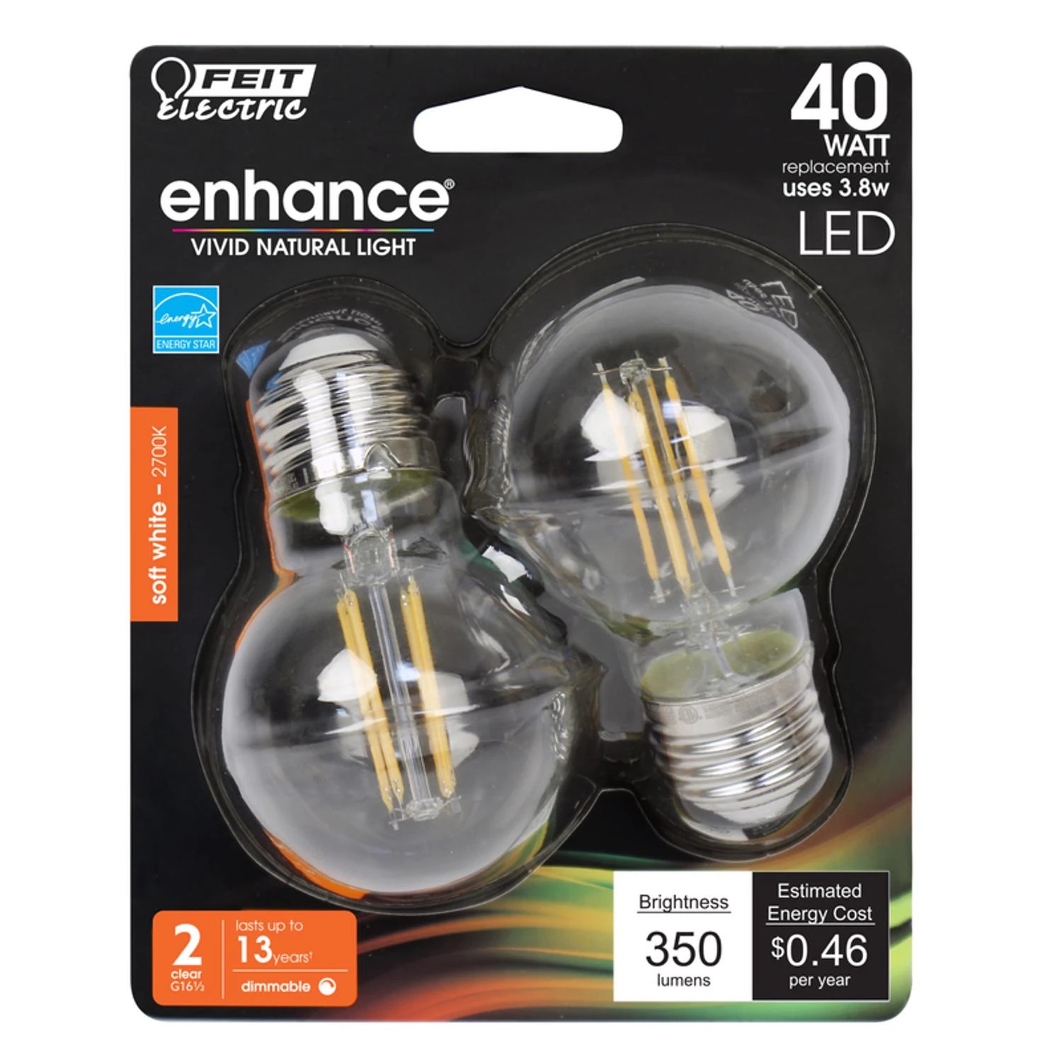 Enhance G16.5 E26 Led Bulb Soft White 40w Equivalent 2 Pk 350 Lumens