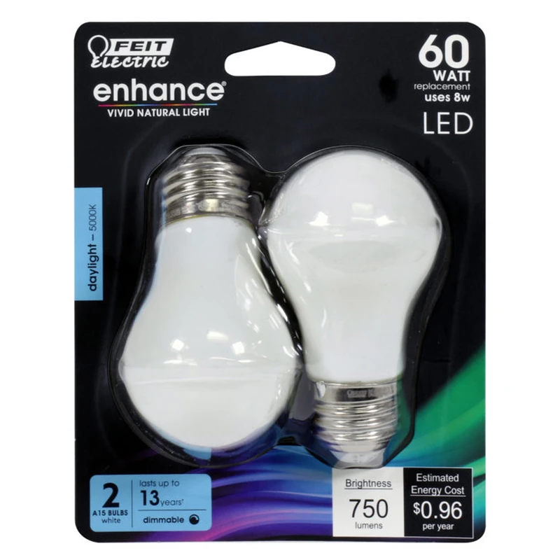 Enhance A15 E26 Filament Led Bulb 60w Equivalent Daylight 2 Pk 750 Lumens