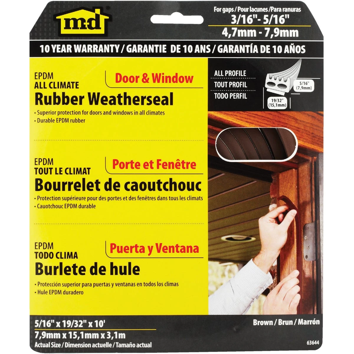Brown 10' Rubber Weatherstrip For Doors And Windows, 19/32 In. Wide