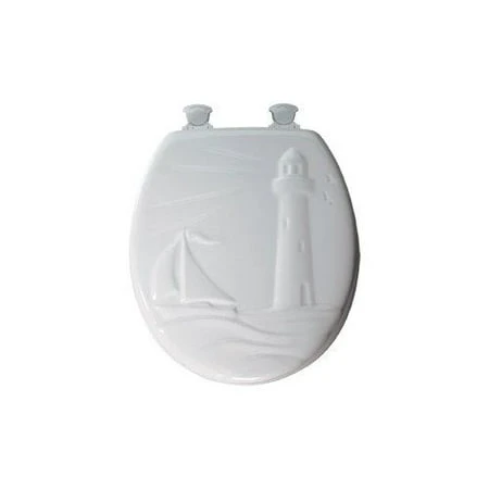 Sculptured Lighthouse Lift-off Round Toilet Seat, White Molded Wood Design