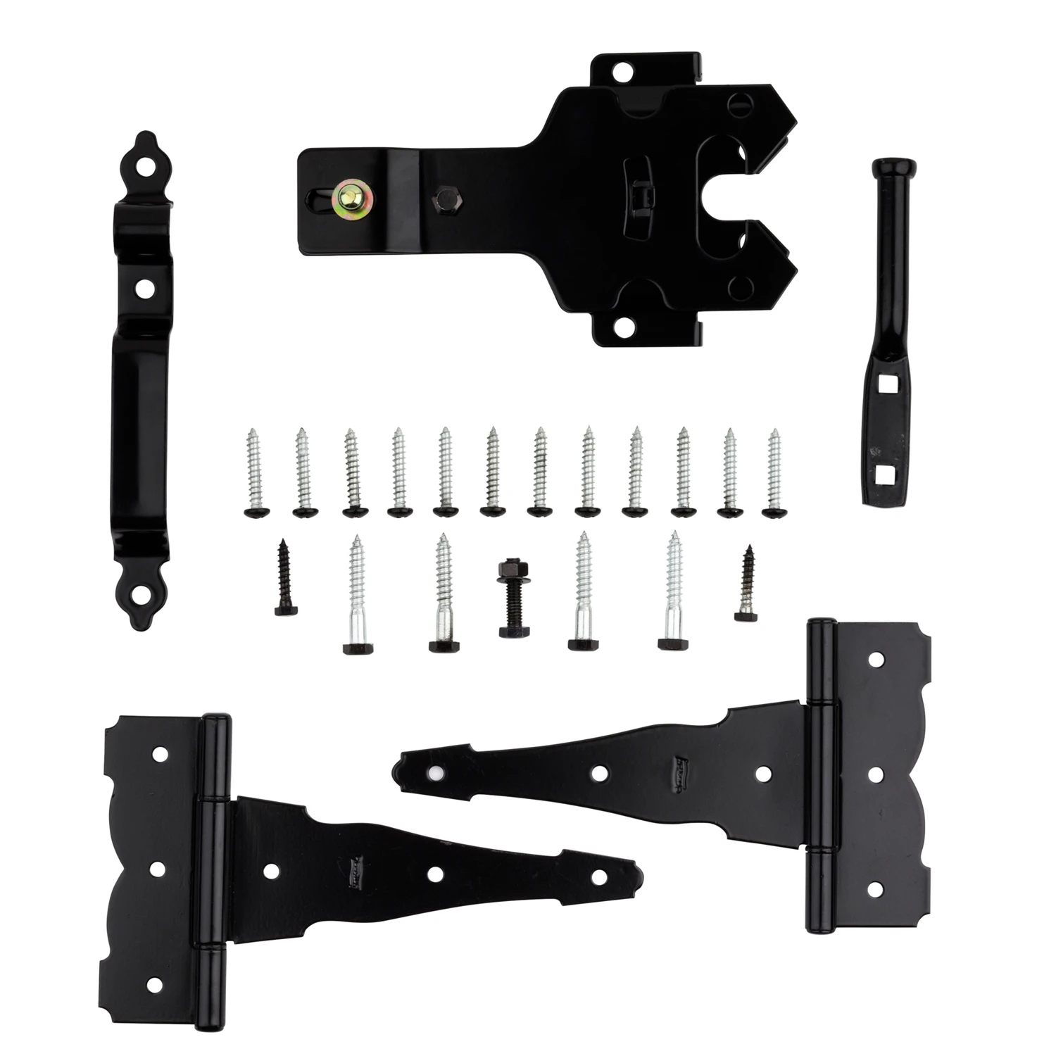 Deluxe Latch Decorative T-hinge Gate Kit, 2 T-hinges, 1 Latch, Black Steel