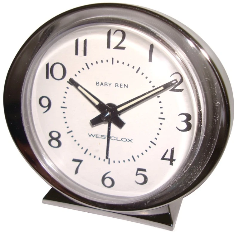 1964 Baby Ben Alarm Clock, Battery-Operated, Silver
