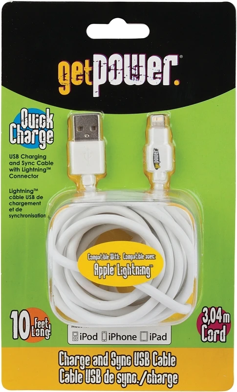 USB To Apple Lightning Tip Charging/Sync Braided Cables, White, 10-Ft.