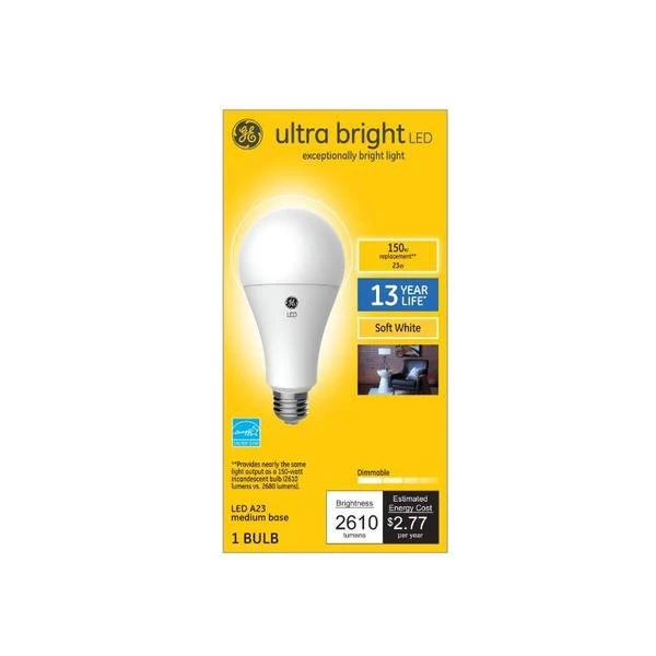 GE Ultra Bright 93129366 Light Bulb, A23 Lamp, 150 W Equivalent, Medium (E26) Lamp Base, Dimmable, Soft White Light