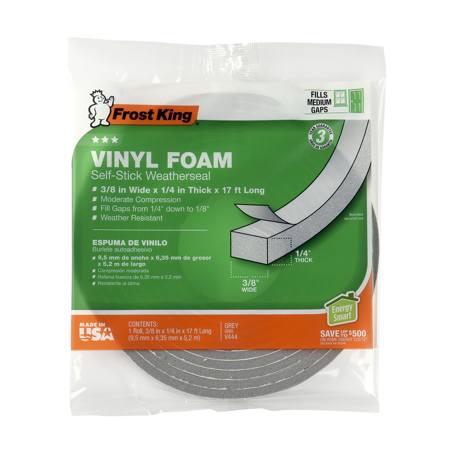 Vinyl Foam Weatherseal Tape, 3/8W x 1/4 In. T x 17 Ft.