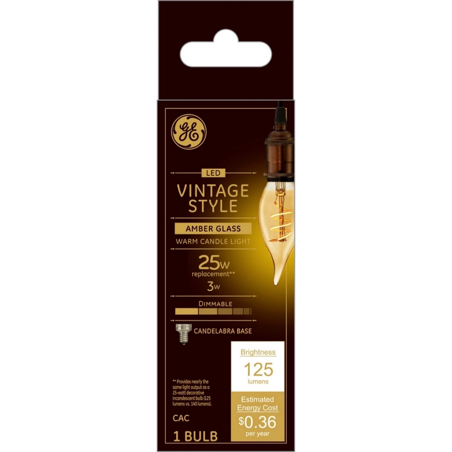 GE 36488 Vintage Light Bulb, CAC Lamp, 25 W Equivalent, E12 (Candelabra) Lamp Base, Dimmable, Amber, Warm White Light