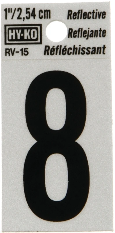 House Address Number 8, Reflective Black/Silver Vinyl, Adhesive, 1-In.