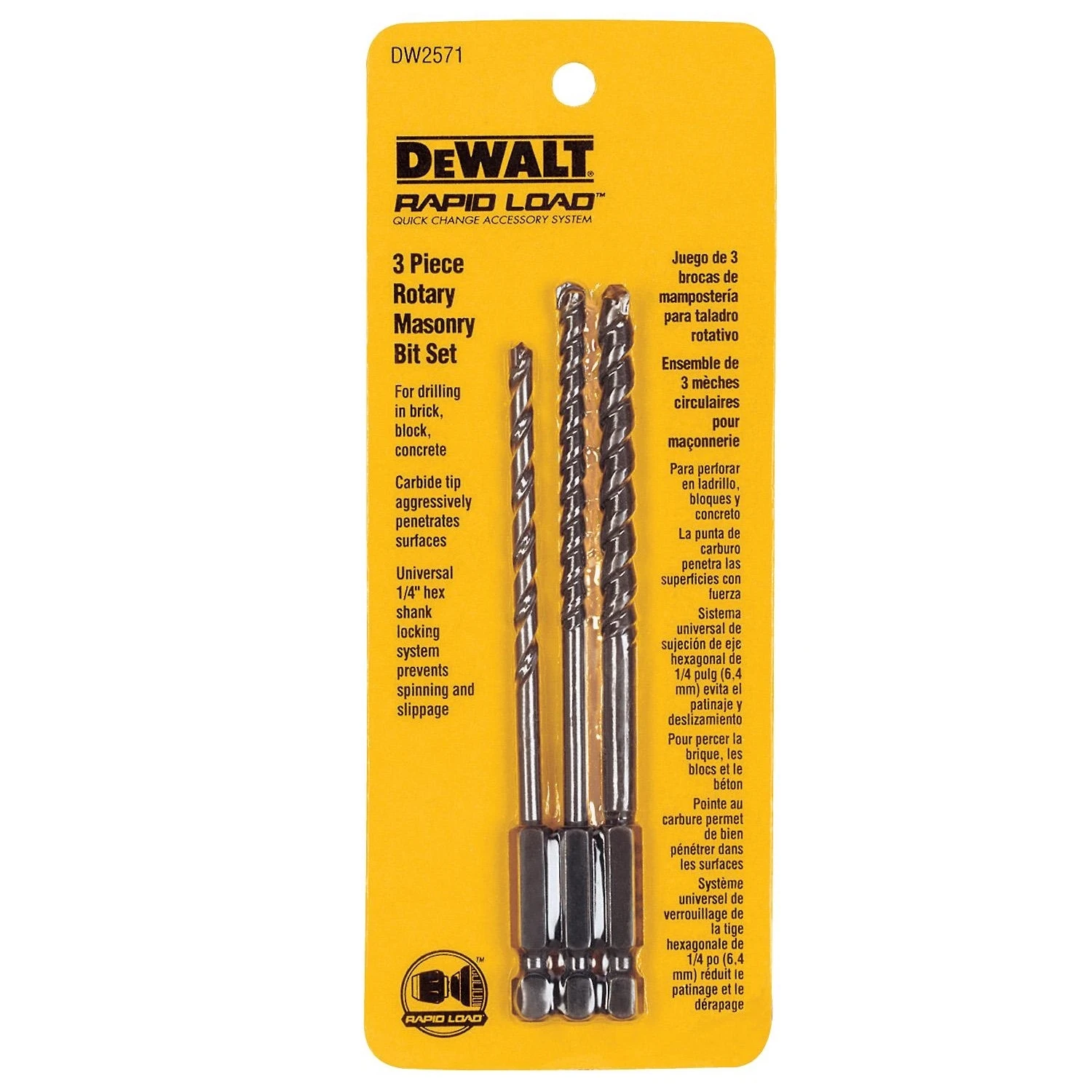 Rapid Load Carbide Tipped Masonry Drill Bit Set 3 Pieces 1/4 Inch Hex Shank